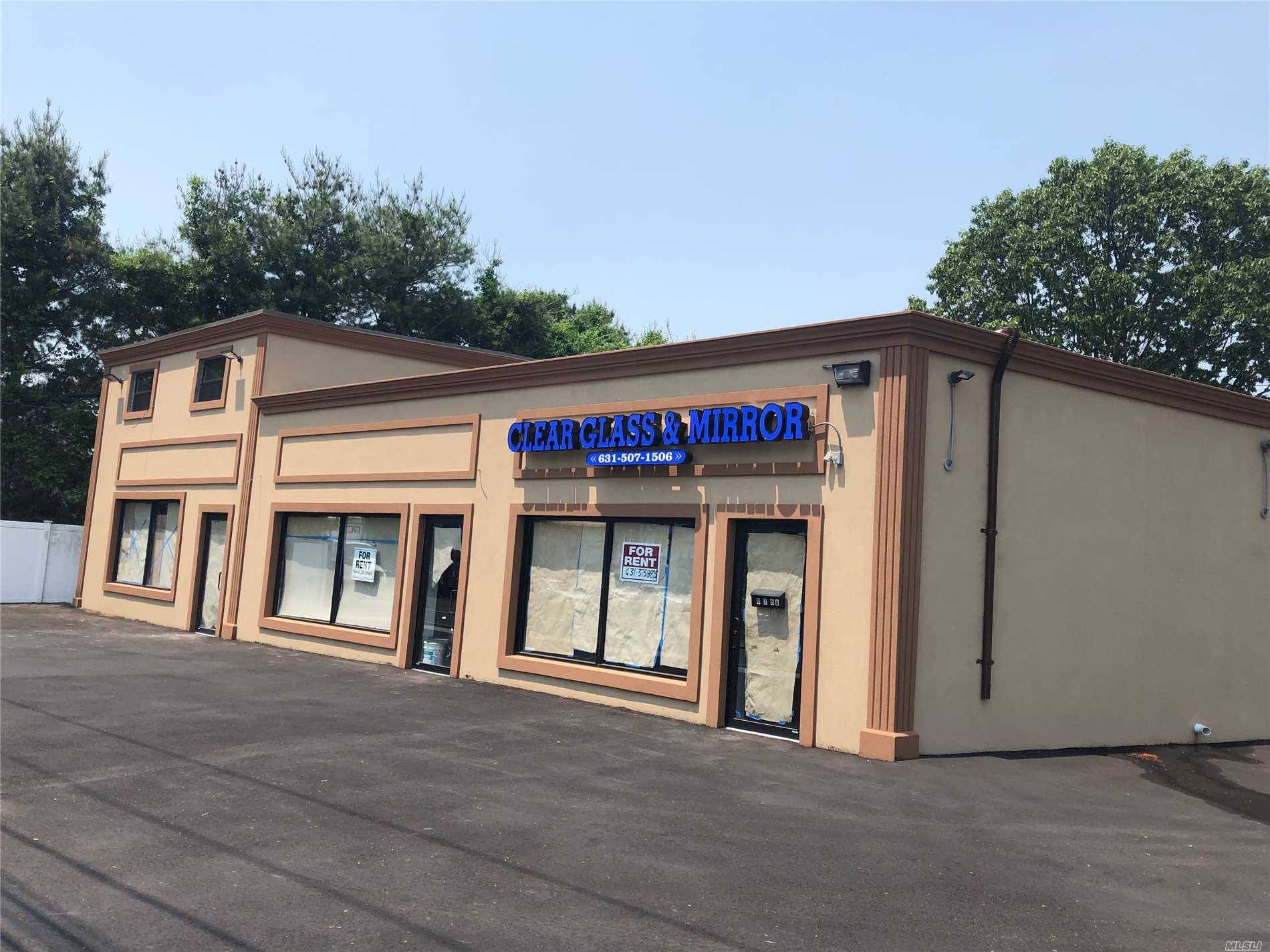 Nicely renovated stucco building, corner store front, currently using as glass mirror shop, good for retail office, Excellent exposure, close to heartland business center, tanger outlet lirr, land lord will ...
