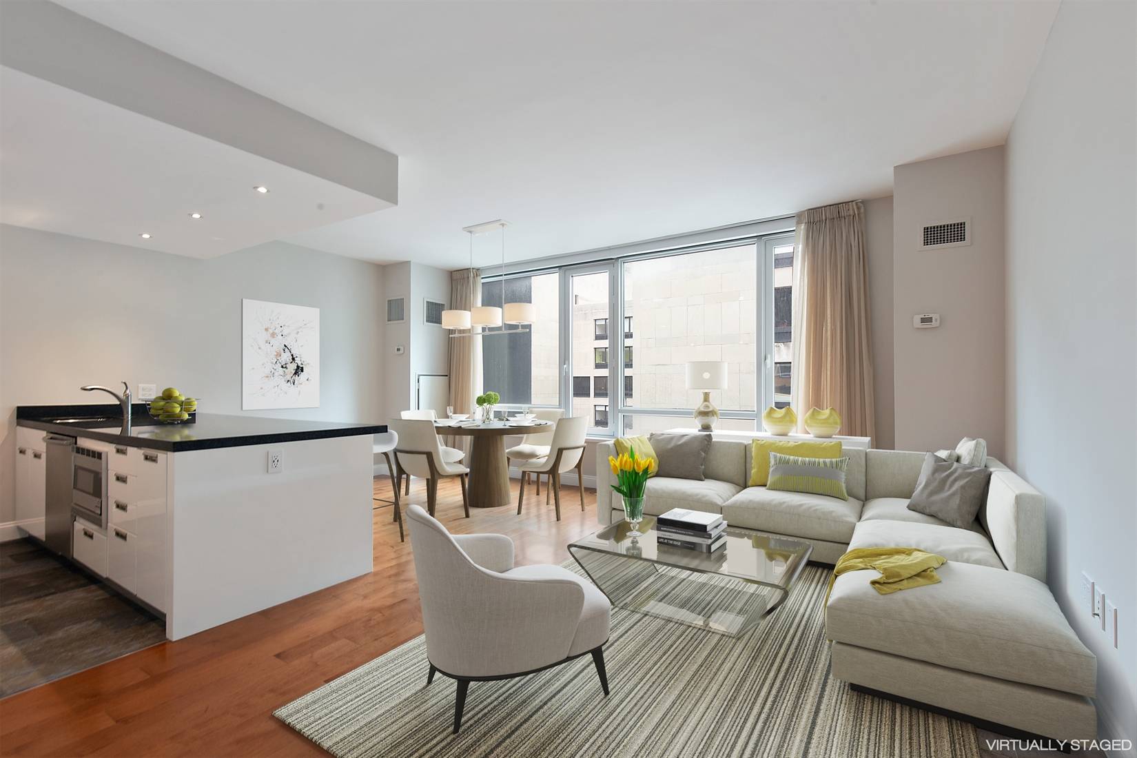 This South Facing light filled apartment has two pin drop quiet bedrooms, two and a half bathrooms, brand new Mirage maple wide plank wood floors, new porcelain tiled kitchen floor ...
