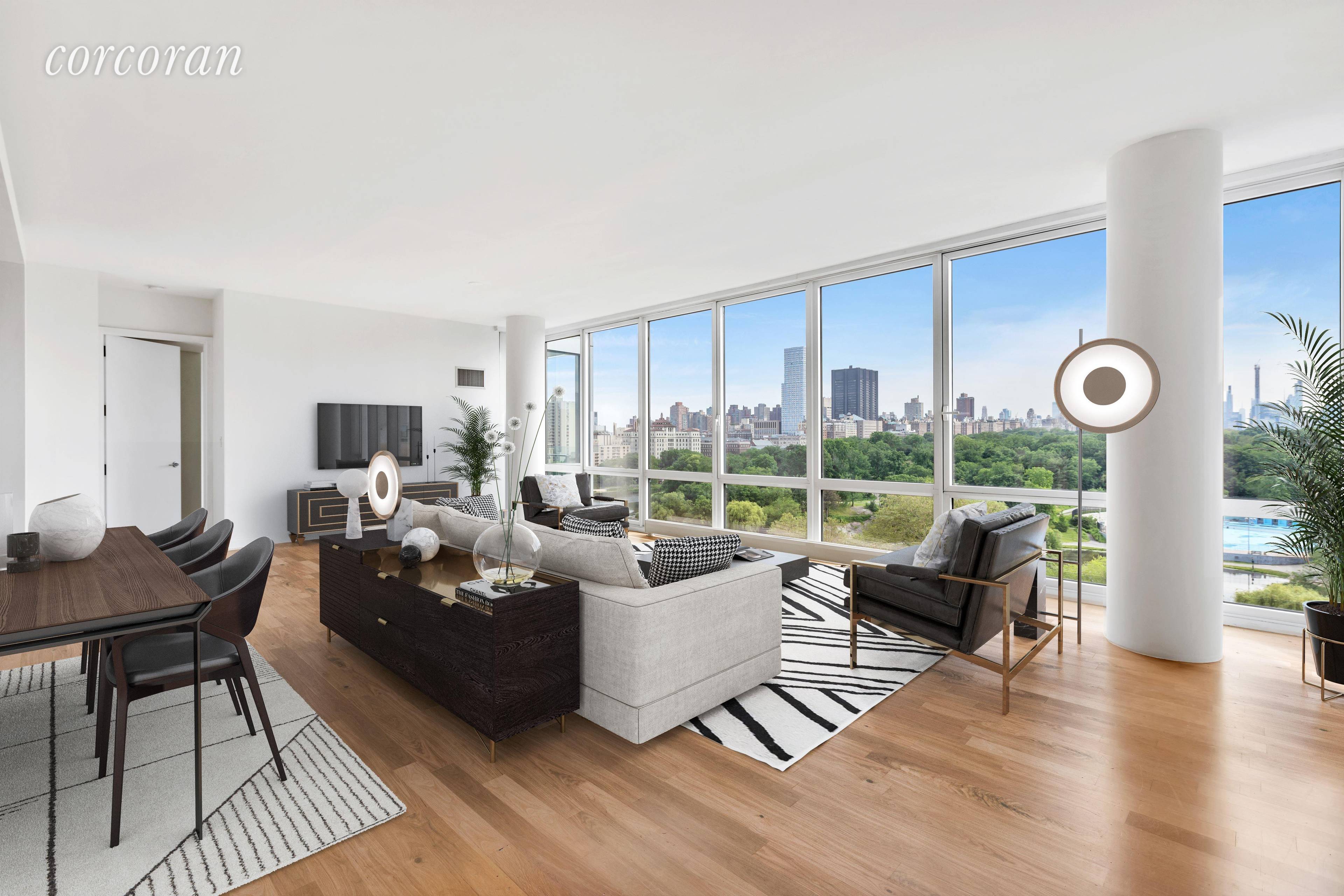 Entering this bright split two bedroom and two and a half bathroom residence, Central Park views through the floor to ceiing windows become the immediate focal point.
