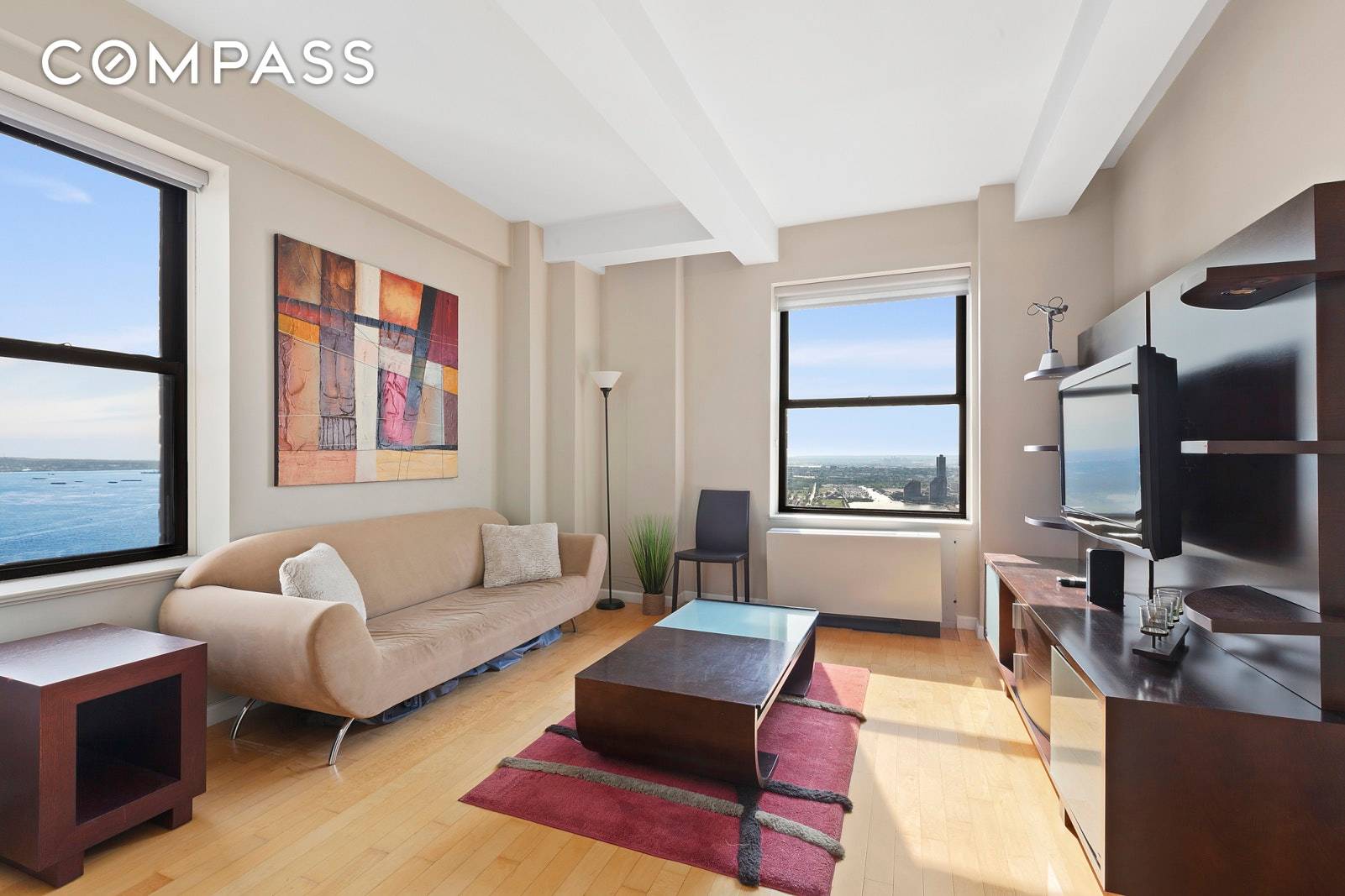 Residence 44B is a high floor corner one bedroom facing South and West with amazing Hudson River and City Views.