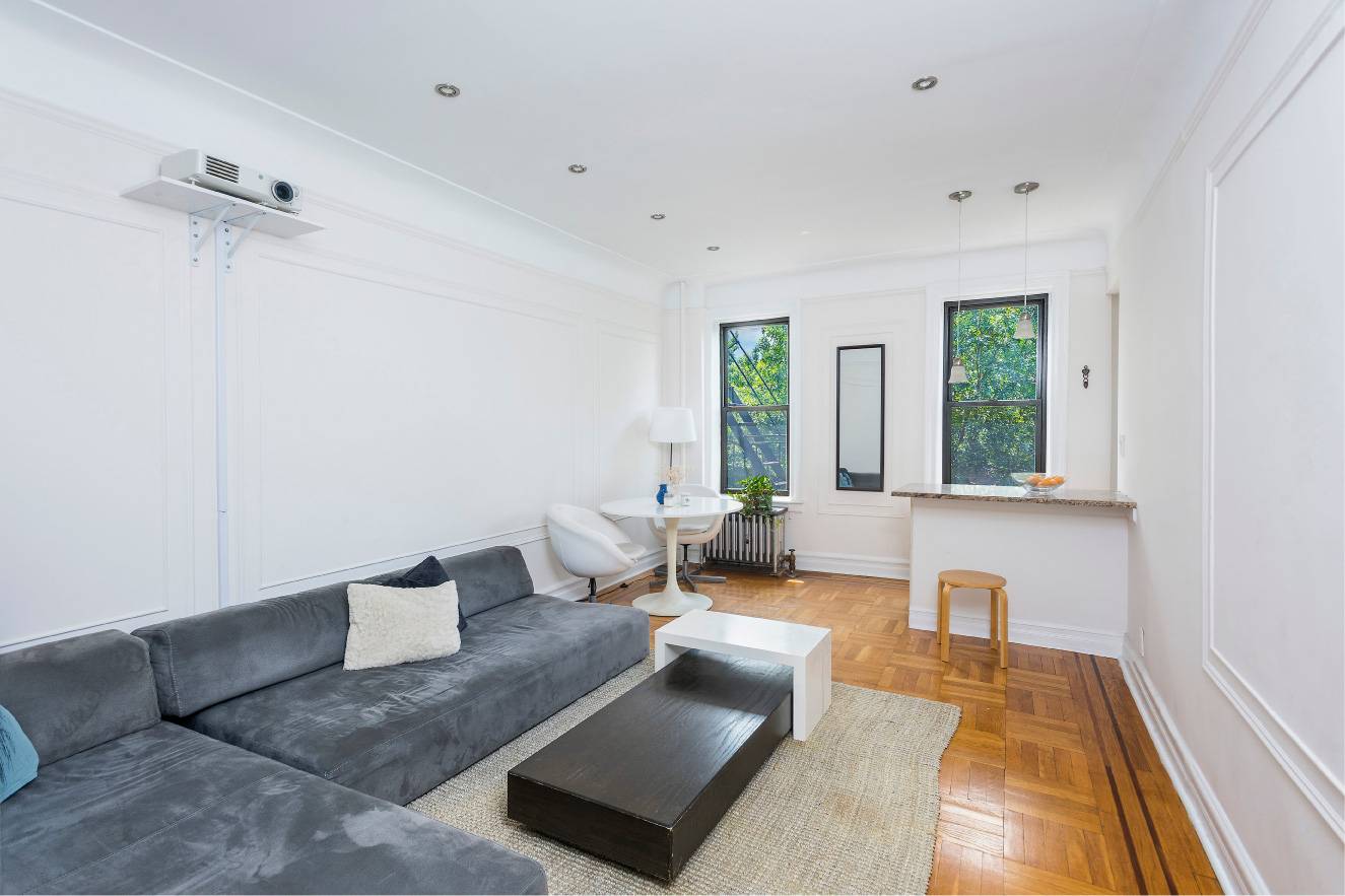 Spacious entry level 1 bedroom, with low maintenance, facing the leafy tree tops on 4th Street, with views over the Brownstones across the street.
