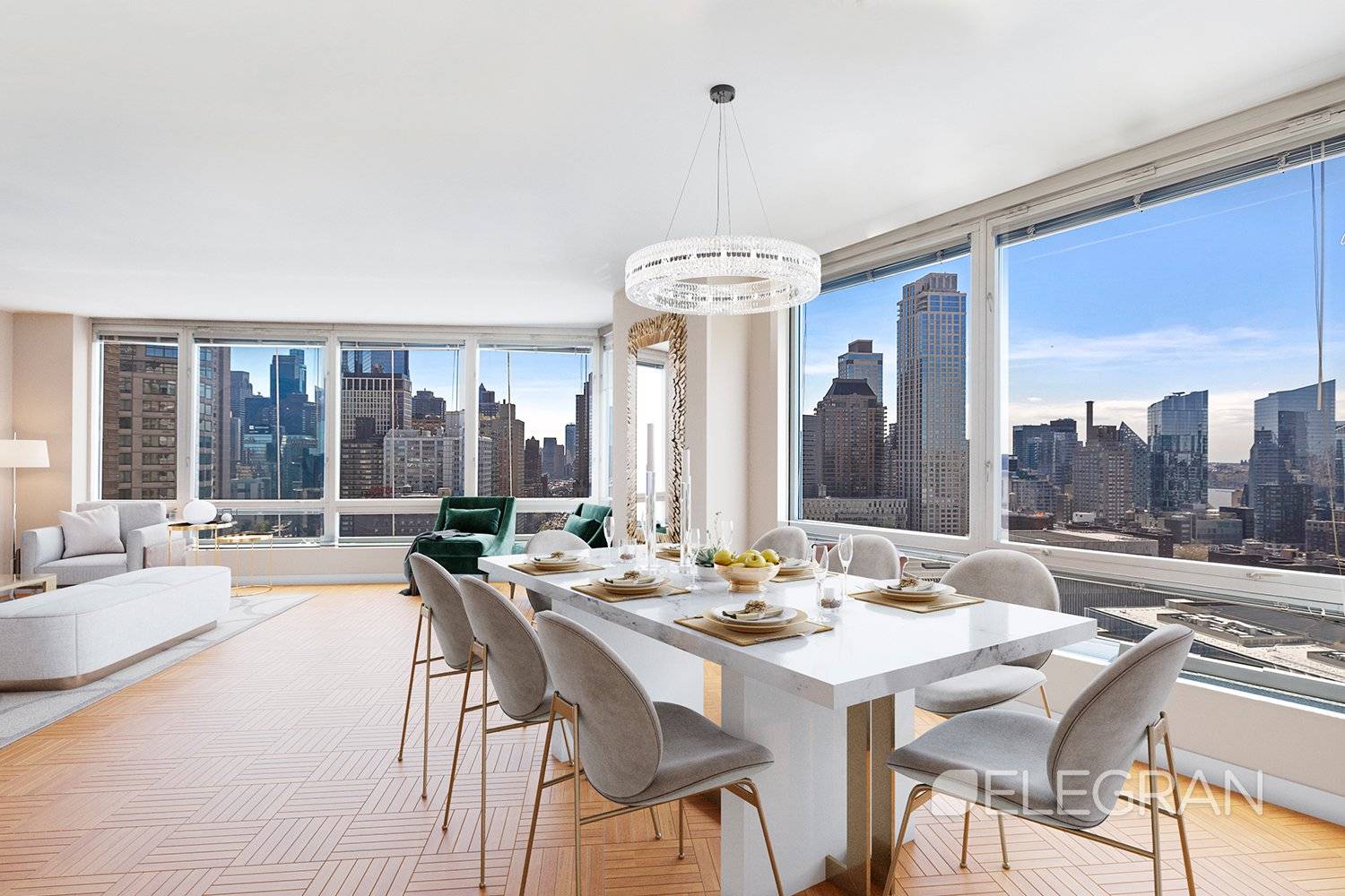 Sprawling high floor three bedroom condo with sweeping views of Lincoln Center and Manhattan skyline.