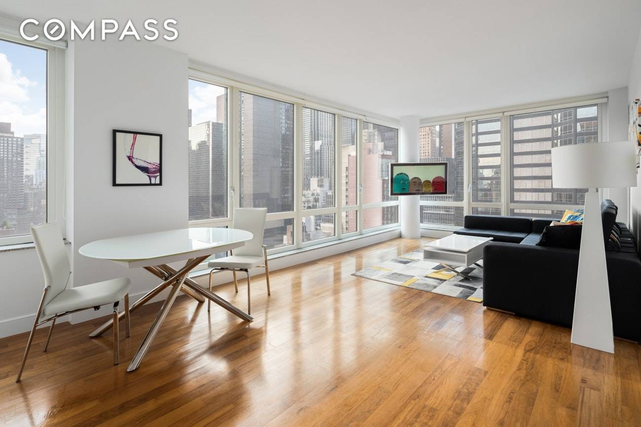 Residence 2501 has spectacular views of the Manhattan skyline with 9 ft floor to ceiling windows and triple exposures, South, West and North, which brings generous natural sunlight throughout the ...