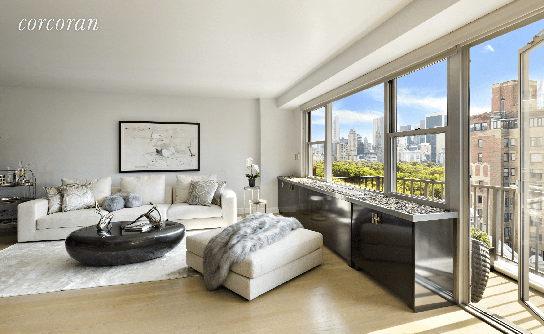 This high floor three bedroom, three bath co op apartment with two balconies offers a unique layout perfect for entertaining and relaxing.