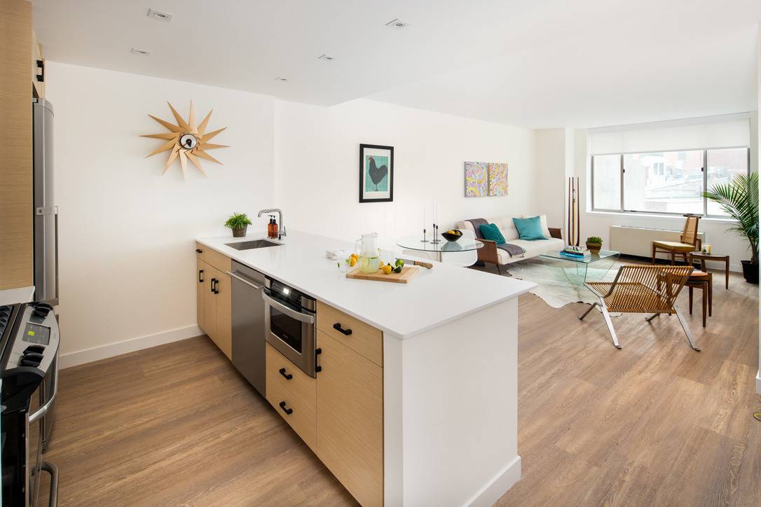 Island Kitchen In Studio Apartment Rental Now Available In The Financial District - Free Amenities for a Year
