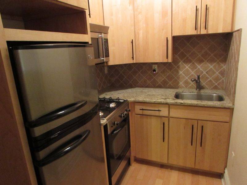 Cozy studio condo featuring a brand new kitchen with maple cabinets and stainless steel appliances
