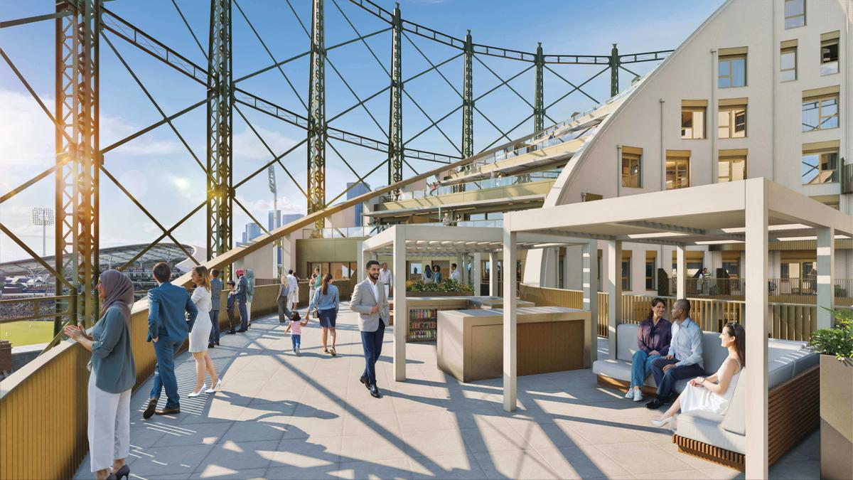 5th floor residents' terrace at The Halo with panoramic view over the Kia Oval Cricket Ground