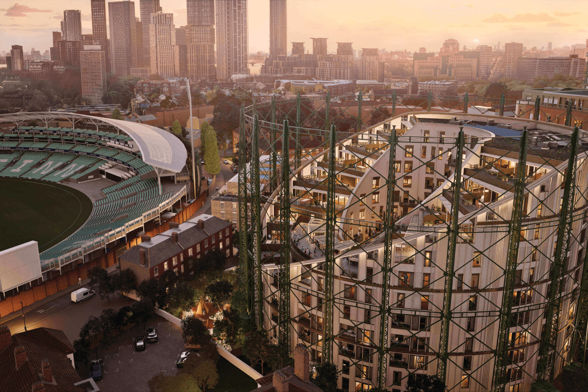 Historic photograph of Oval Gasholder No.1, installed 1847, the world's largest gasholder at the time, now home to The Halo penthouses
