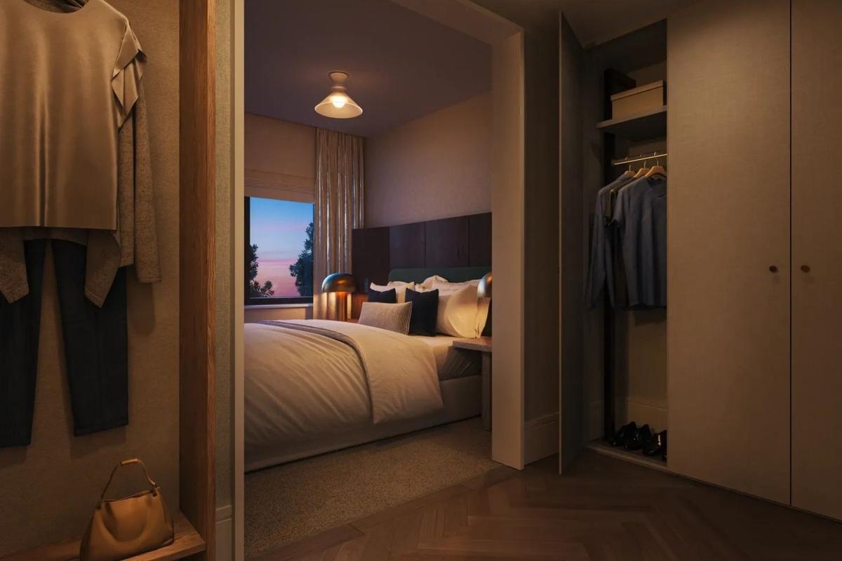Trillium W2 master bedroom — bespoke joinery European Oak new apartment interior design London