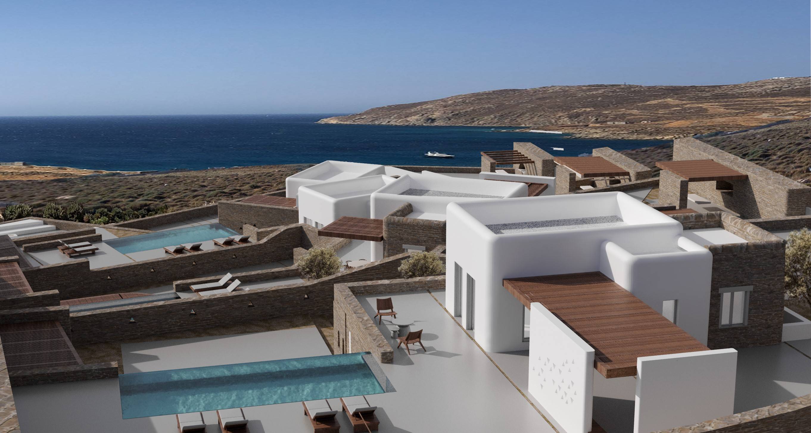 Outstanding 13 Villa complex with panoramic seaviews of the Aegean sea, each one with private swimming pool in Mykonos