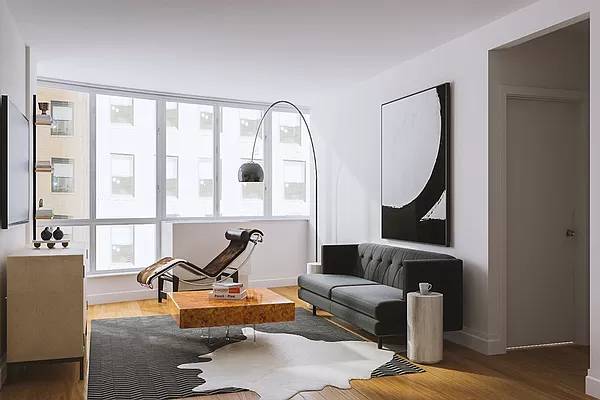Midtown East 1BD/1BA + Extra Space for Home Office/Dining with Floor-to-Ceiling Curved Glass Windows, City Views, Hardwood Floors, Good Closet Space
