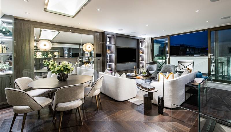 One of only two penthouses, Apartment 12a is an opulent 1,181 sq ft 3 bedroom duplex apartment positioned on the top floors with views over Hyde Park.