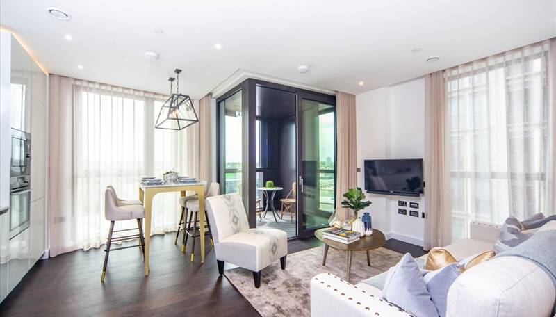 An impressive interior designed 770 Sq Ft two-bedroom, two-bathroom apartment located in Thornes House forming part of The Residence Collection in Nine Elms on London’s iconic South Bank.