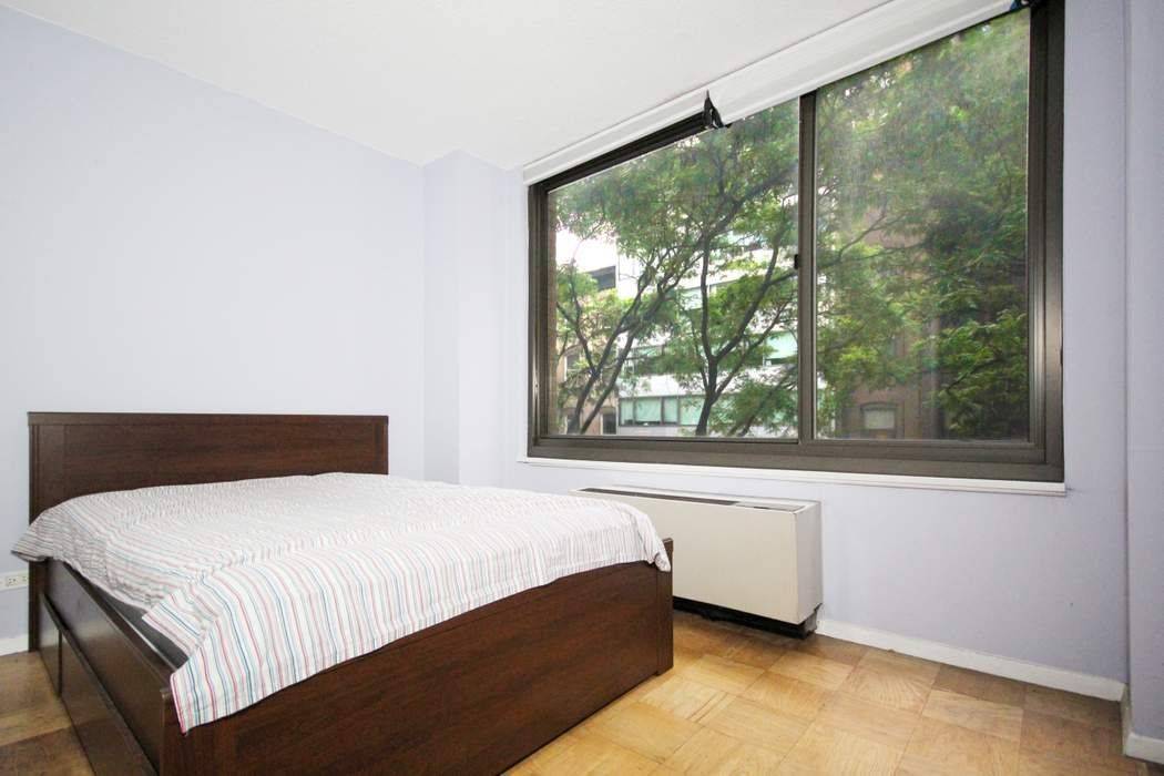 Gorgeous treetop views and sunlight from these south facing windows spanning the width of the apartment.
