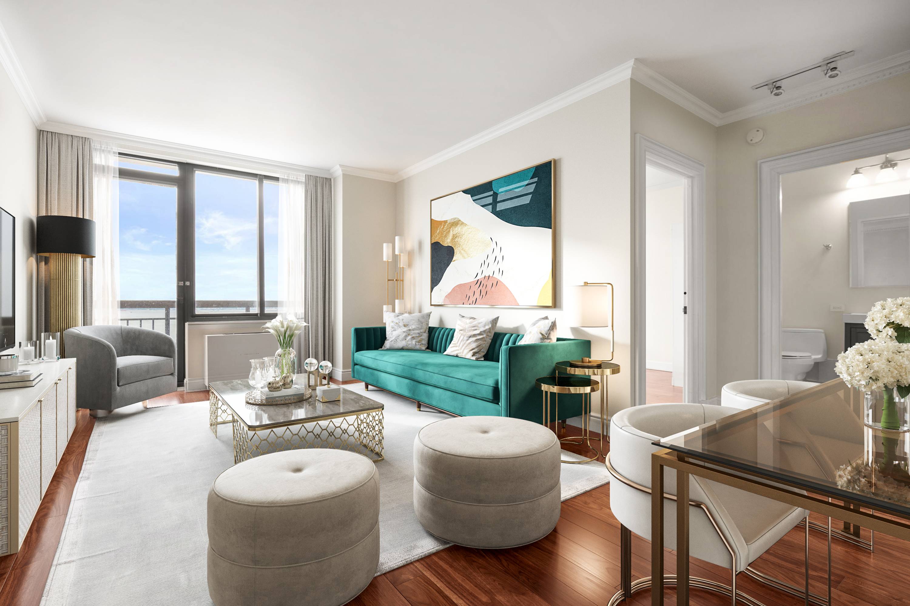 In the heart of Battery Park City, this renovated high floor 2 bed 2 bath corner unit has stunning open city, river, and Statue of Liberty views from every room.