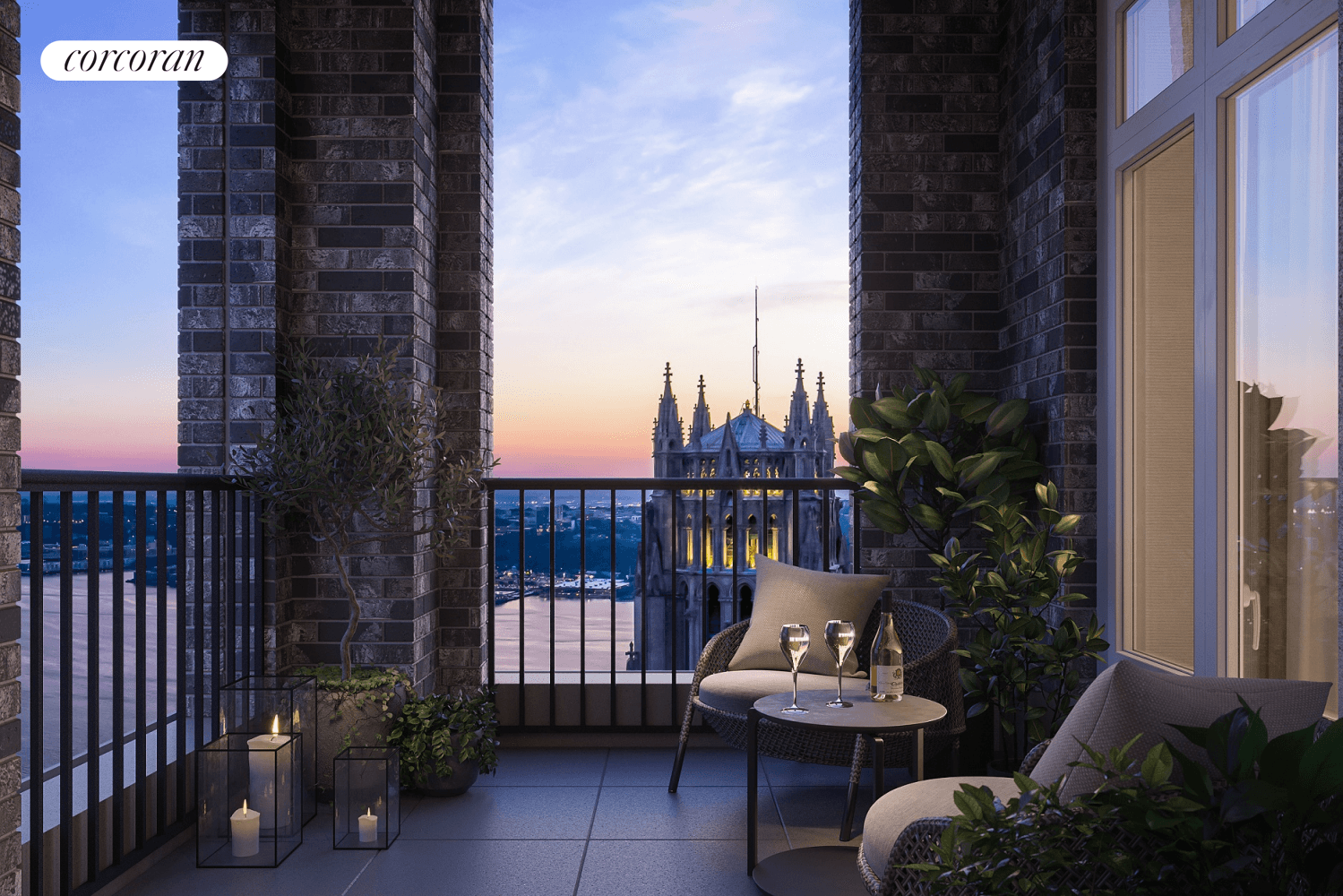 This three bedroom, two bathroom home with powder room offers sweeping southern and western views over the Hudson River, Riverside and Central Park, and the iconic spire of Riverside Church.