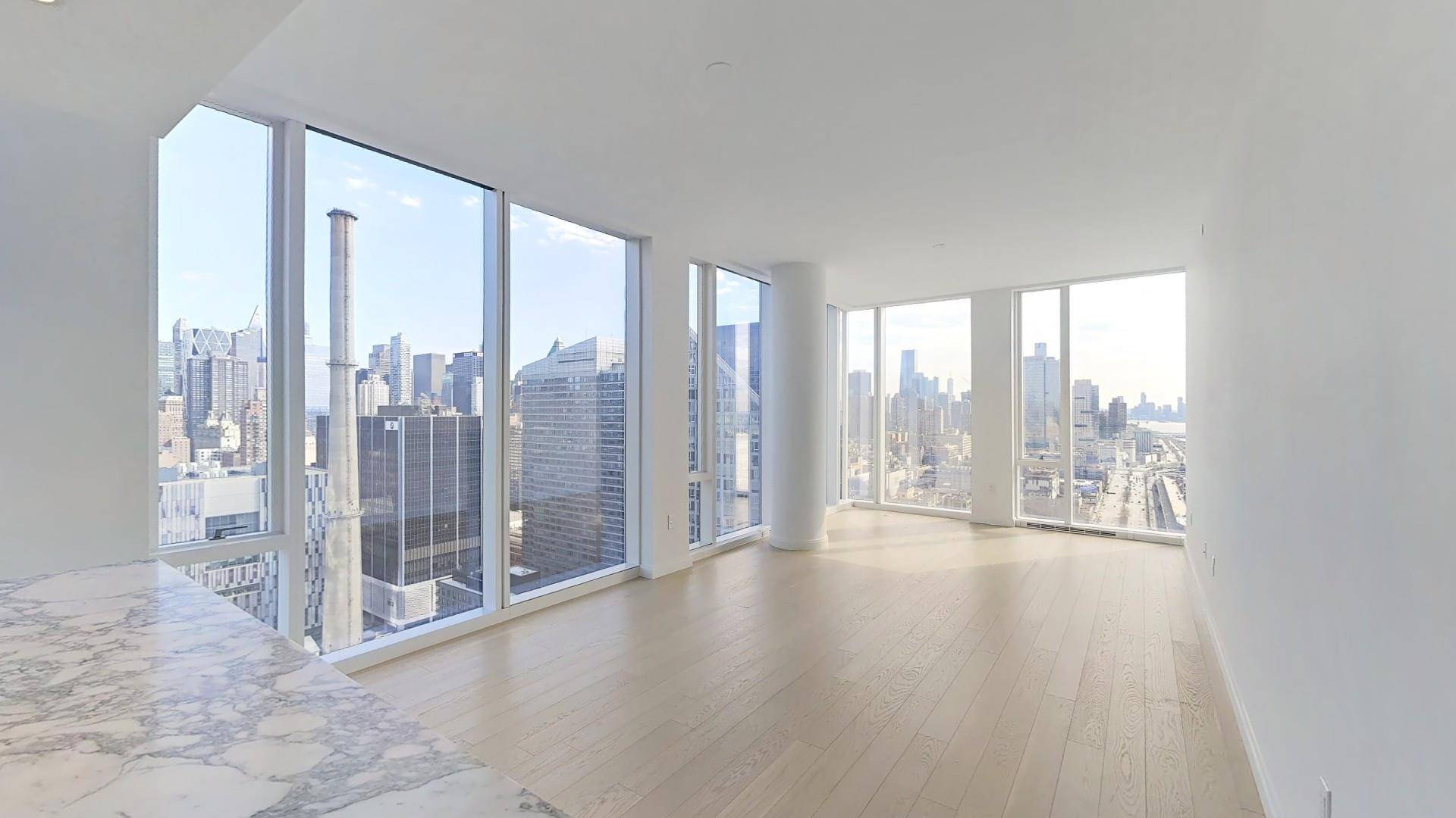This south east facing two bedroom, two and a half bath residence offers views down the Hudson River and the Manhattan skyline.