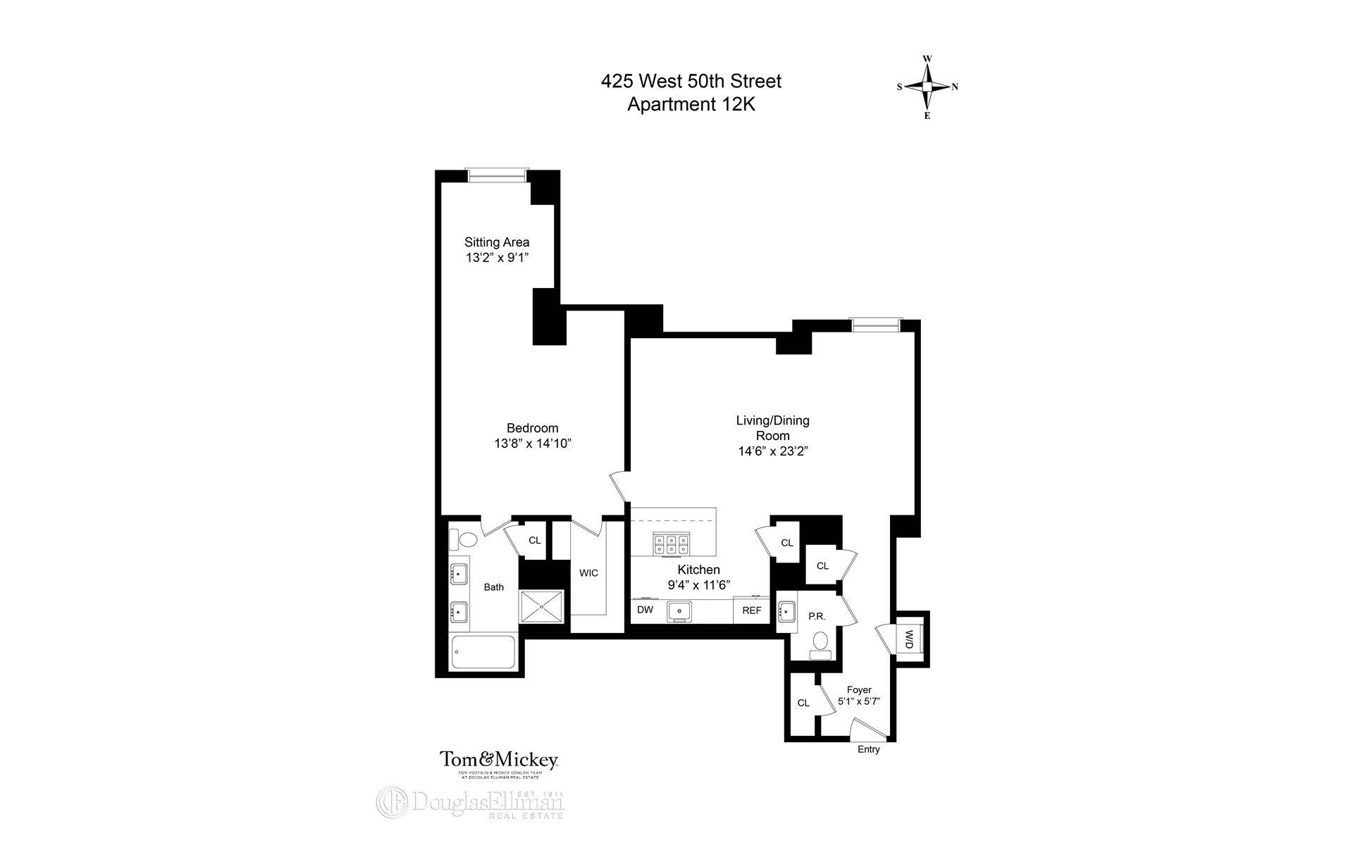 The largest one bedroom home at Stella Tower, this 1, 235 square foot home features high ceilings in a gracious layout with one and a half baths.