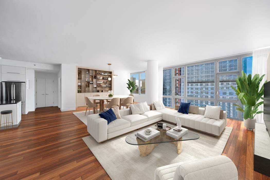 Floor to ceiling windows highlight magnificent views of the Brooklyn Bridge, Manhattan Skyline, Manhattan Bridge, and The Empire State Building from this incredible DUMBO condo at 100 Jay Street.