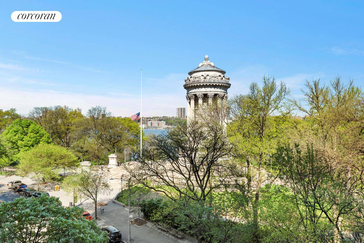 Enjoy stunning Riverside Park and Hudson River views from five rooms of this elegant nine room home.