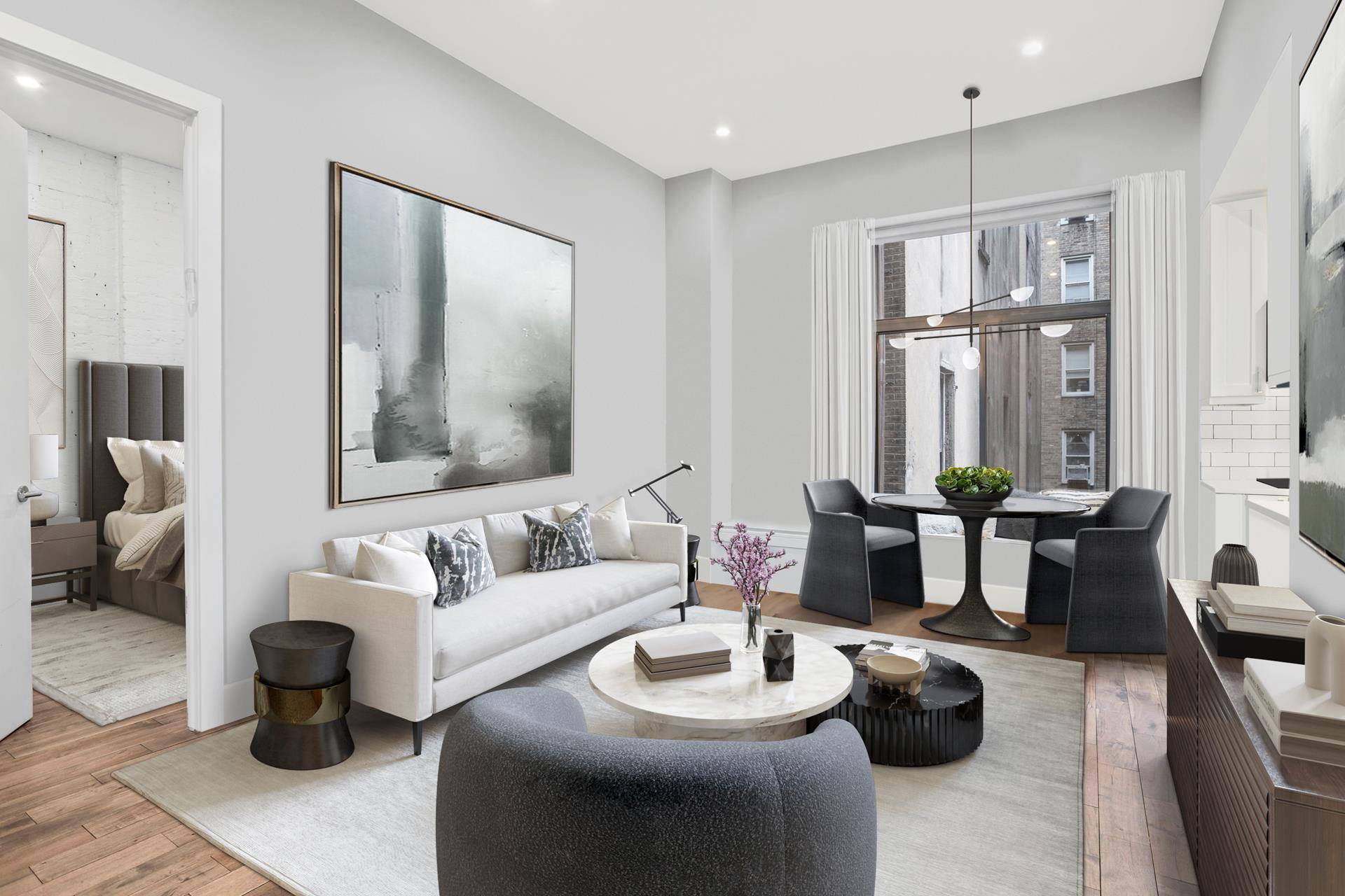 Welcome home to this completely renovated dramatic one bedroom one bathroom apartment with 11 Foot ceilings, exposed brick walls, and over sized windows at the highly sought after Greenwich Village ...