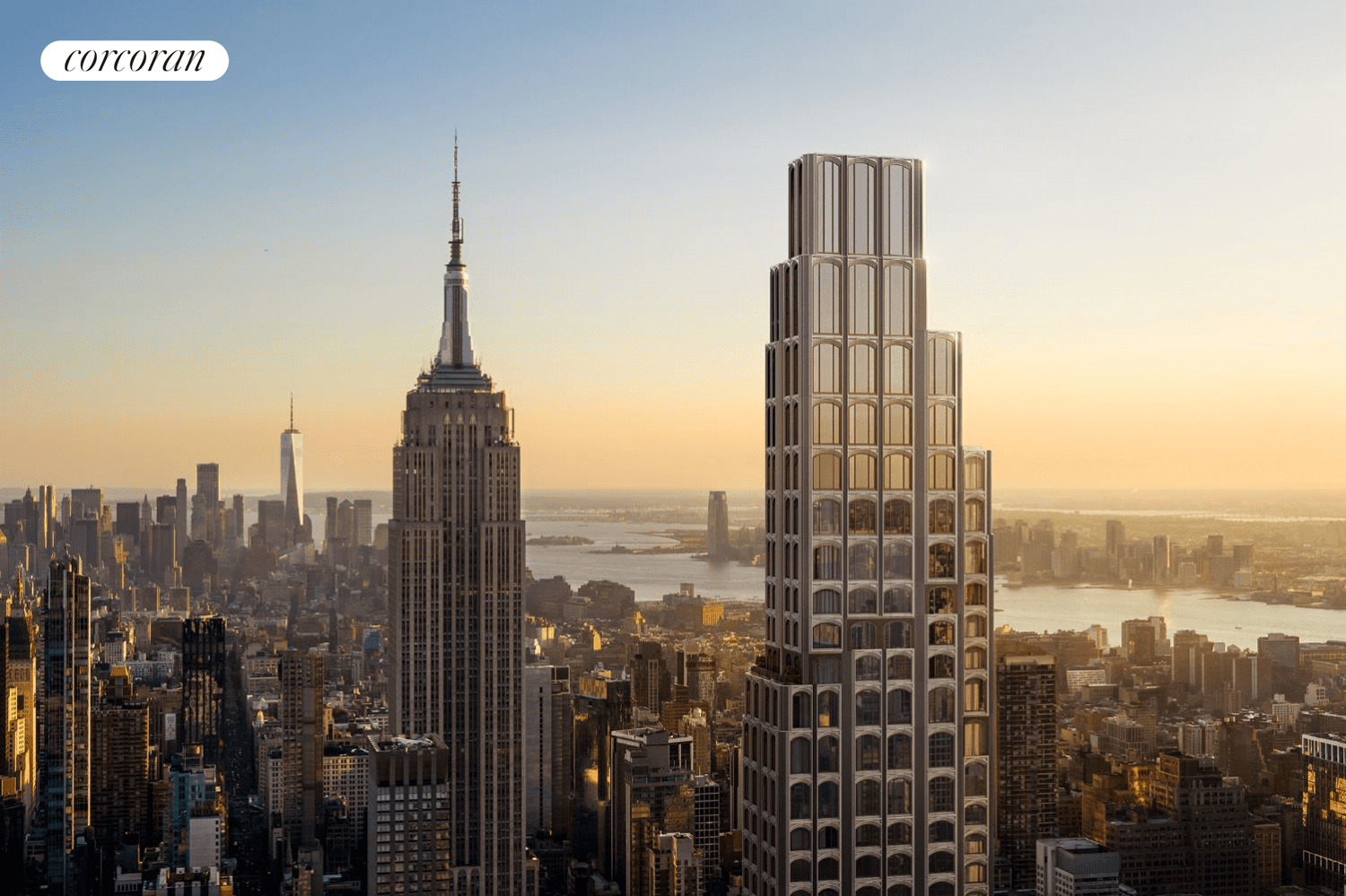 This stunning half floor two bedroom residence overlooks Fifth Avenue and boasts iconic Manhattan skyline views to the north, south and east experienced through six arched 10' by 10' windows.