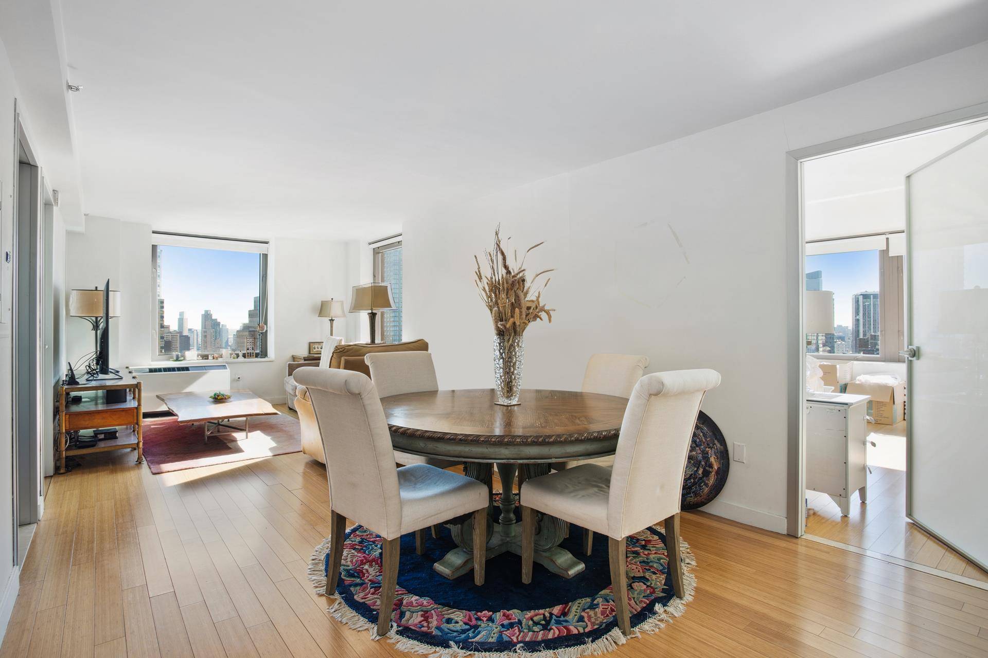 Stunning panoramic views to the south and east grace this two bedroom, two bathroom apartment in close proximity to Bryant Park.