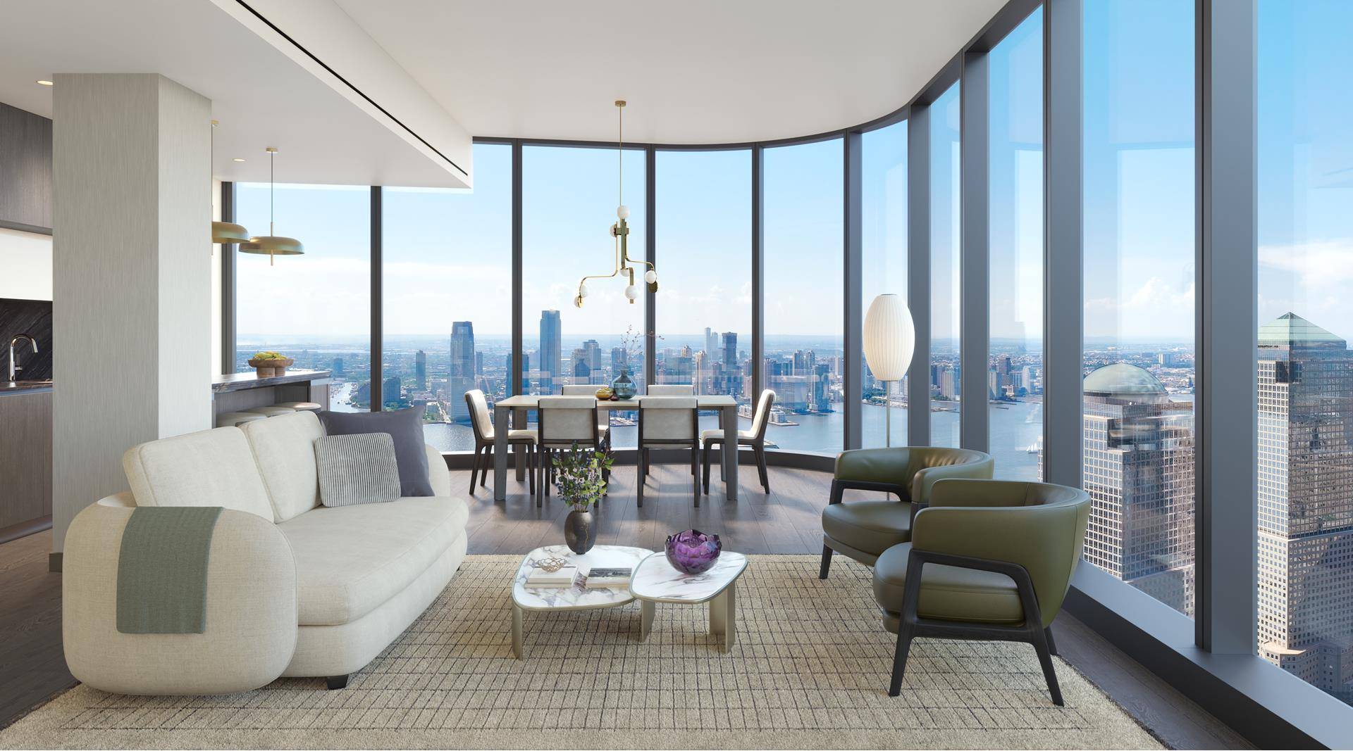 Enter Residence 68D at The Greenwich by Rafael Vi oly, a one bedroom, one and a half bathroom with magnificent southern and western views from the floor to ceiling windows.