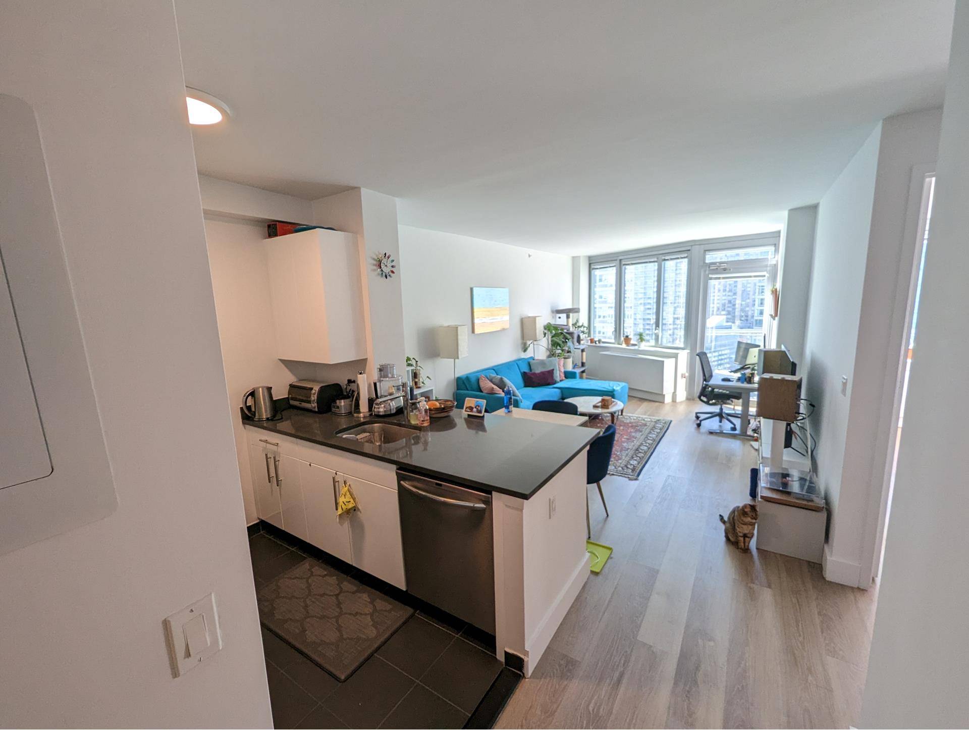Beautiful Southwest Facing 1 Bed with an Open Kitchen, Home Office, Living Dining Room and Balcony with Partial Manhattan Skyline Views !