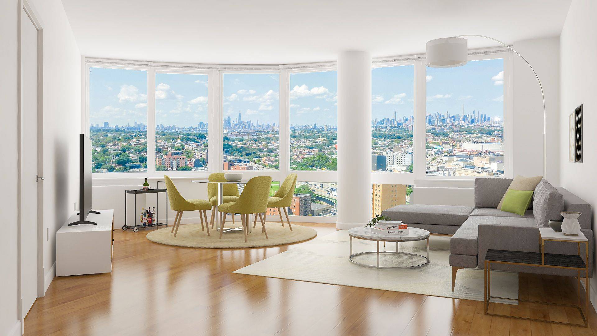 Spectacular 2 bedroom with oversized curved windows showcasing breathtaking views of the Manhattan skyline.