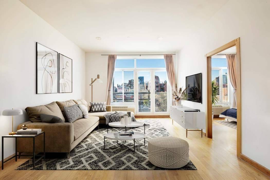 Loft like one bedroom apartment with very high ceilings, modern finishes and open views of NYC s most iconic buildings.