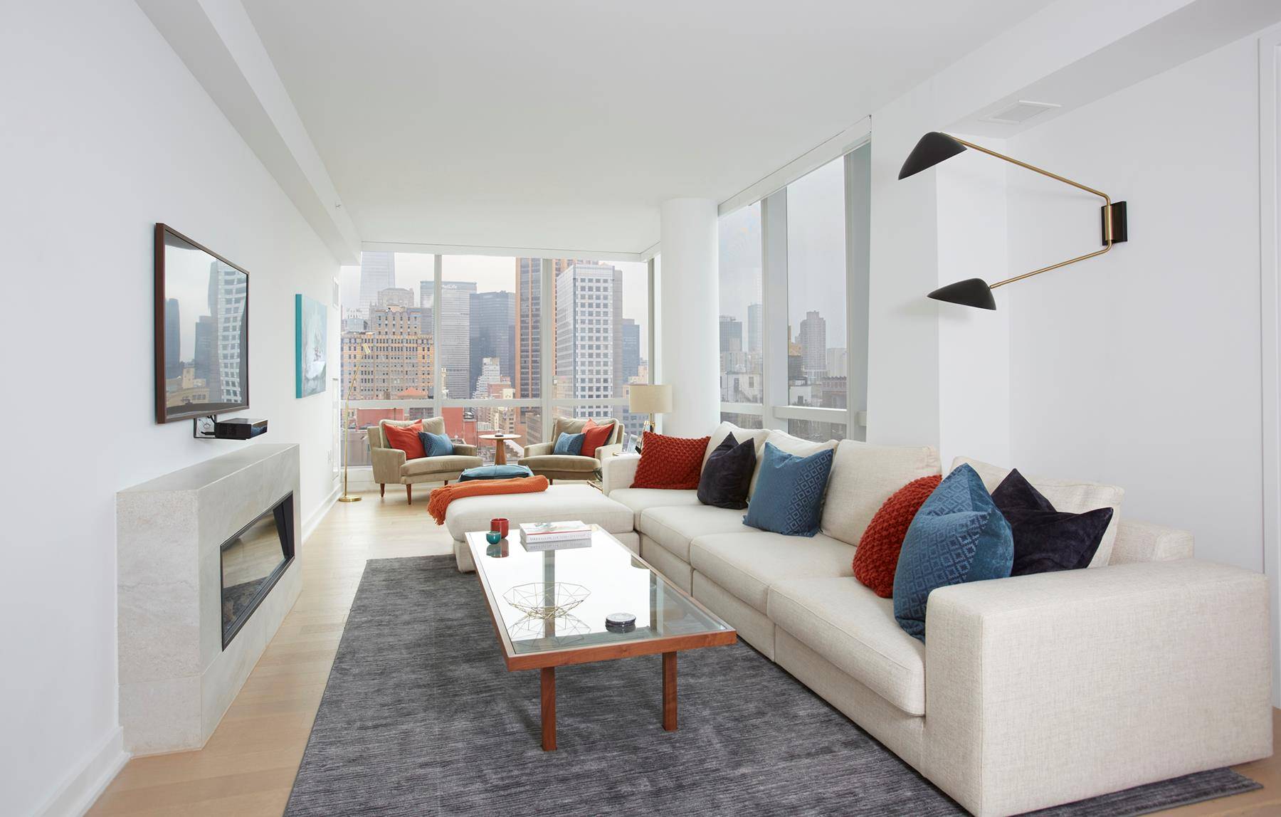 Stunning skyline views from a corner three bedroom furnished residence in 400 Park Ave South.