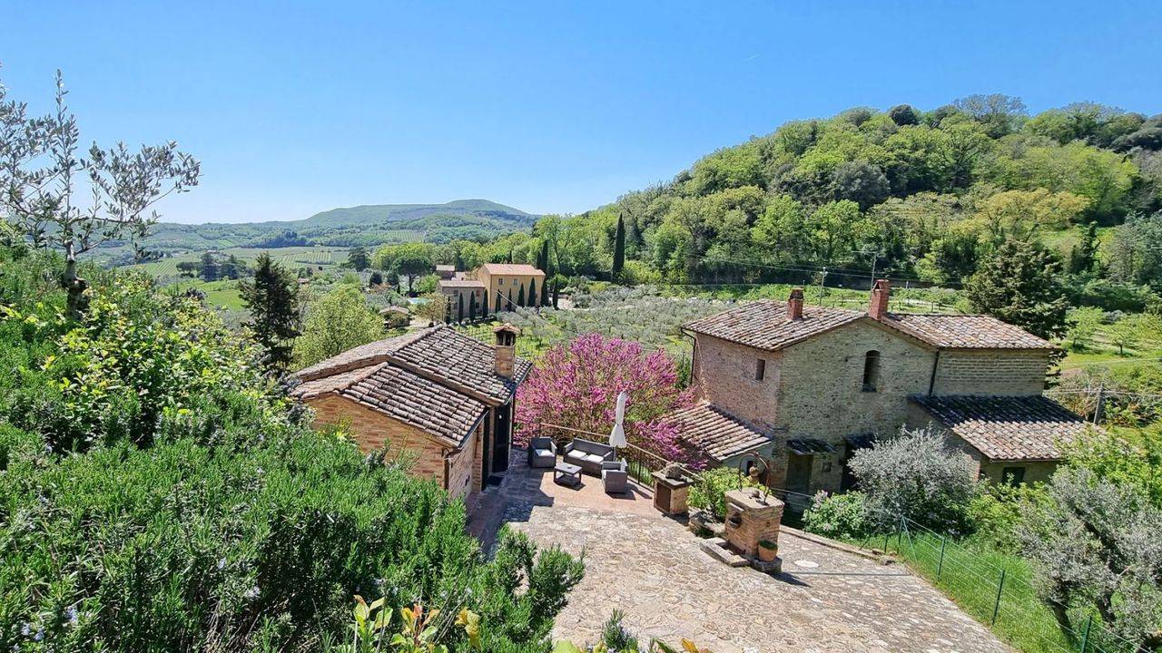 Two stone country houses with garden, olive grove, arable land and panoramic views of the hills for sale in Montepulciano, Tuscany.