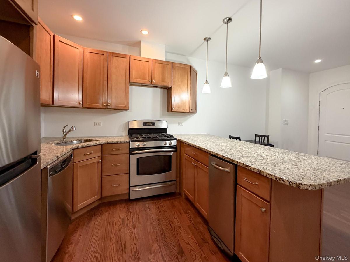 Kitchen featuring appliances with stainless steel finishes, light stone counters, recessed lighting, pendant lighting, and dark wood finished floors