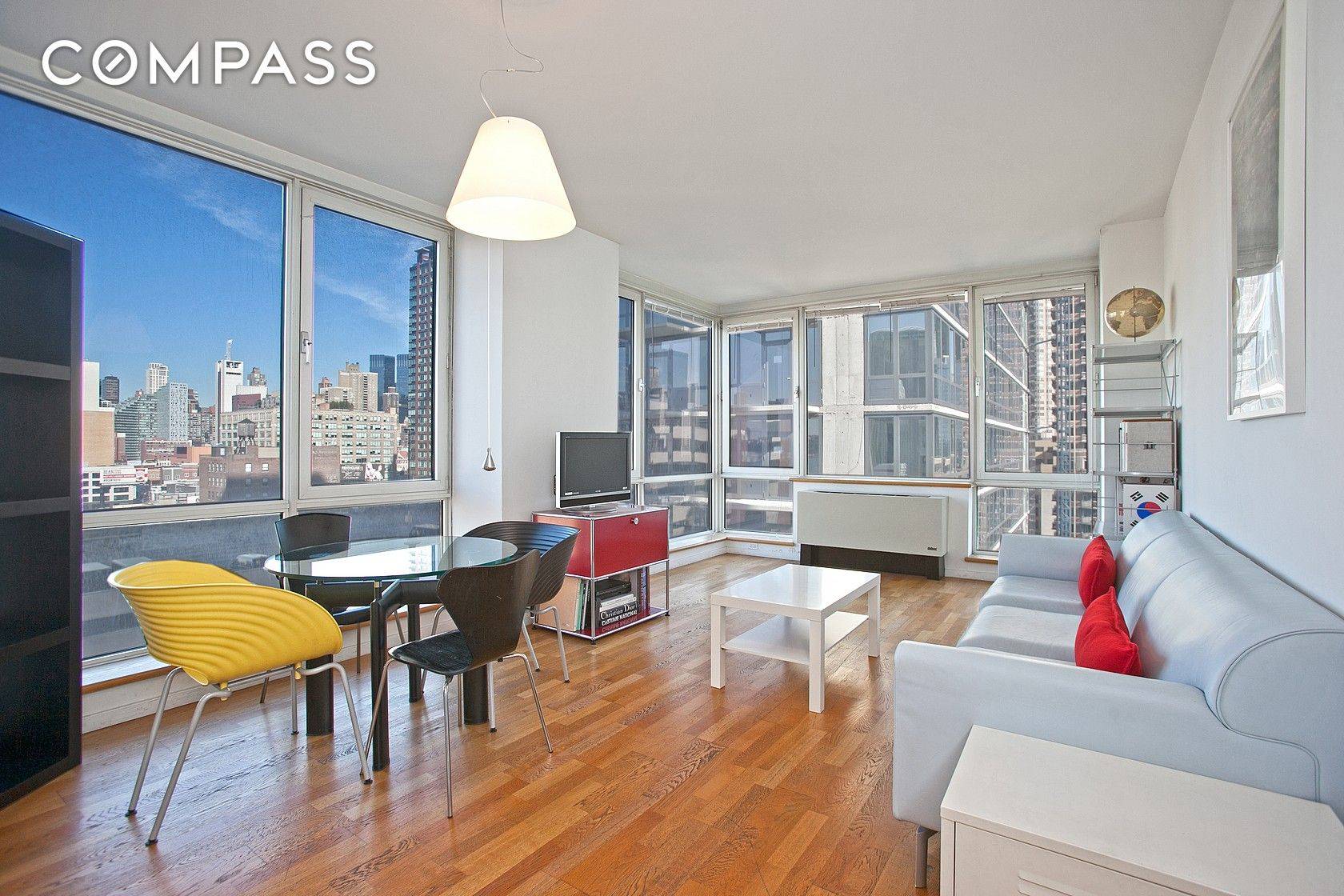 This 1 bedroom, 1 bathroom residence is a corner unit with North, East and South exposures that offer spectacular city including Empire State building, river and George Washington Bridge views.