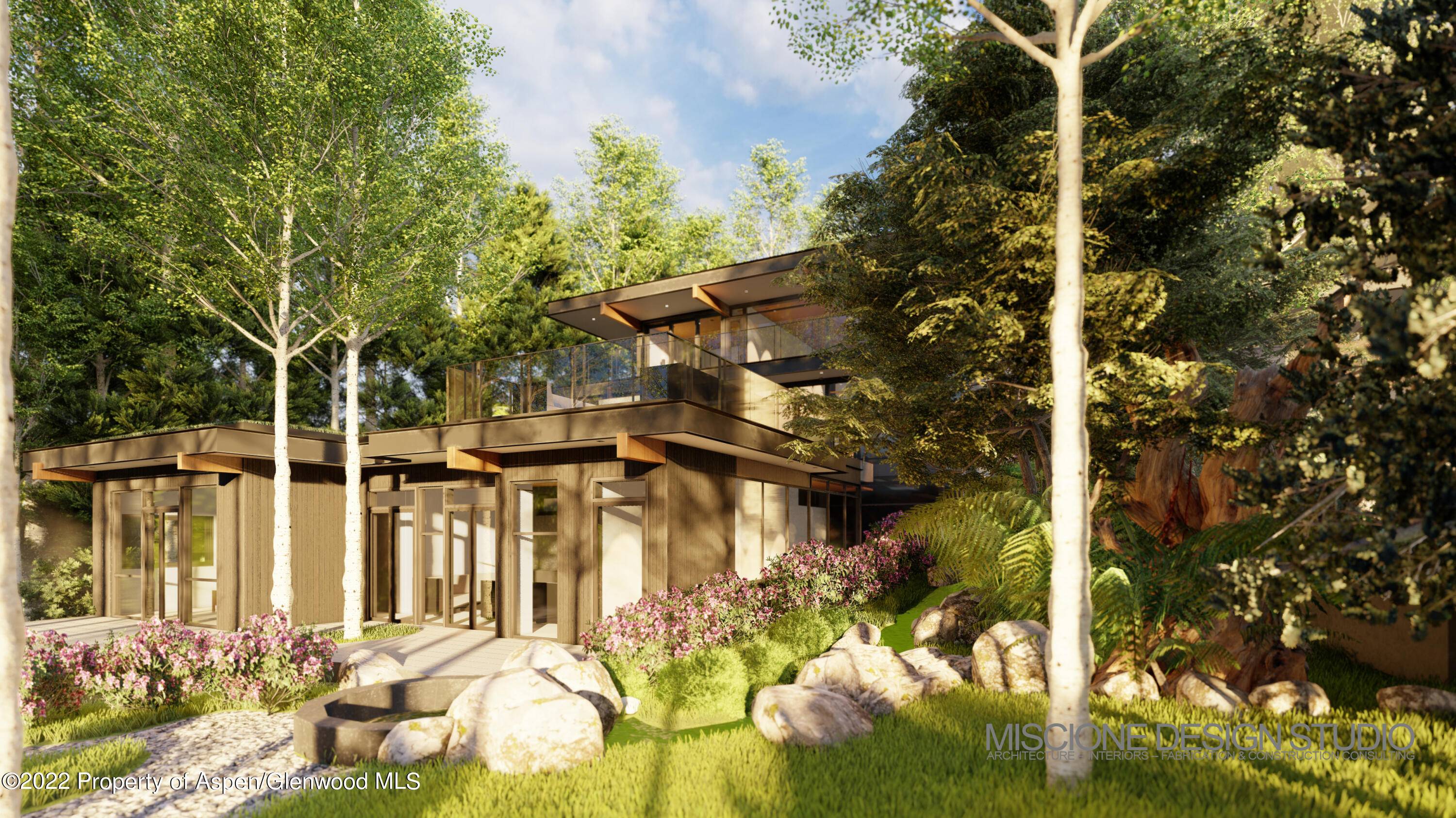 This classic Frank Lloyd Wright inspired house sits perfectly nestled in a mature Aspen grove, facing south, overlooking Aspen, Colorado, Ajax ski area, and the Rocky Mountain Elk Range.