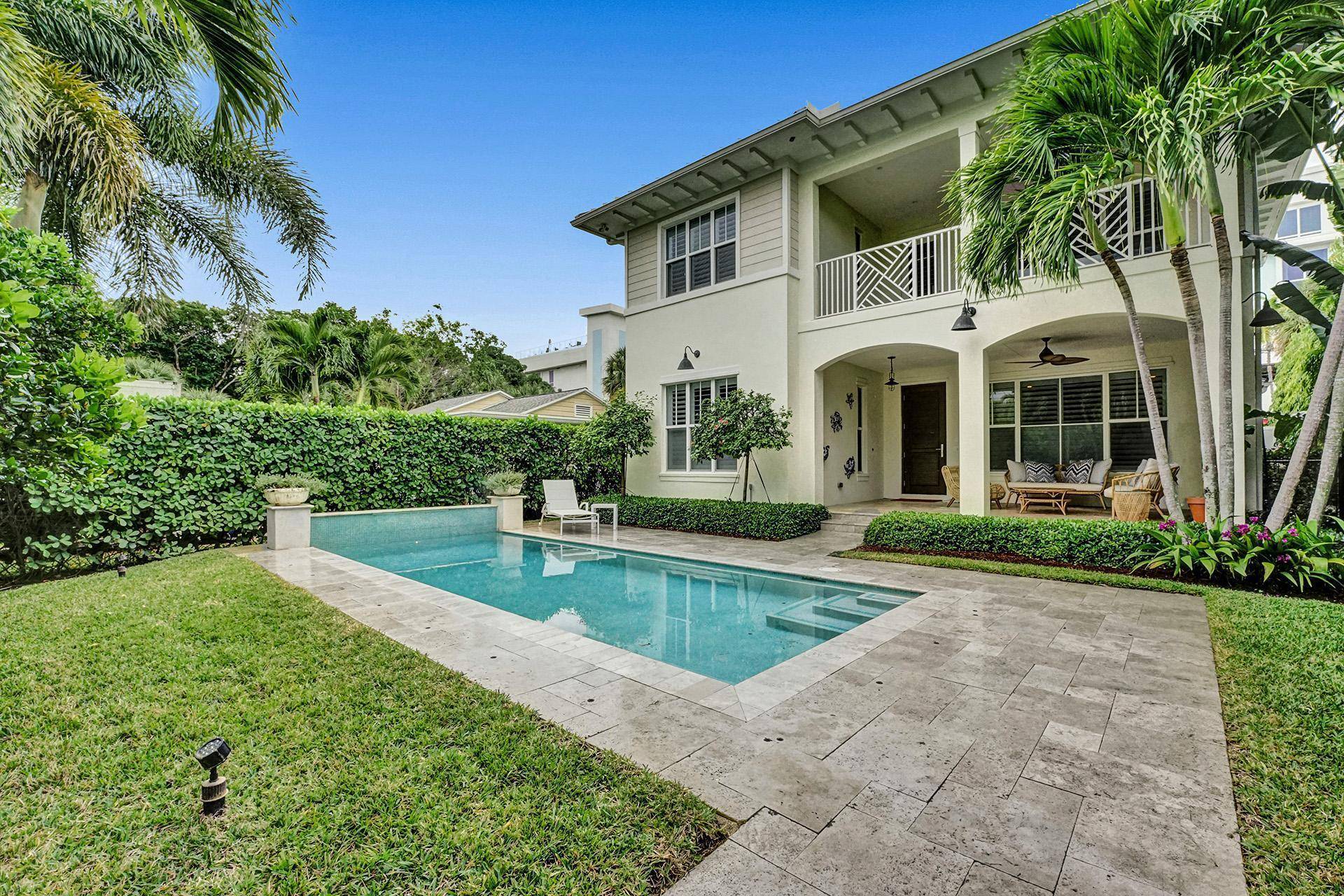 Furnished custom courtyard residence, close to the ocean and within one block of downtown Delray Beach, invites indoor outdoor living with two tropically landscaped patio areas, one with a sun ...