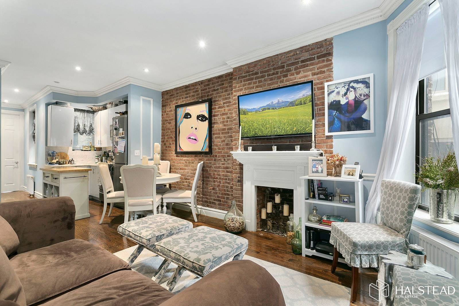 Live in this mint parlor Brownstone 2 Bed 1 Bath home which has been beautifully restored with crown moldings, walnut wood floors, exposed brick, Deco Fire Place, open kitchen with ...