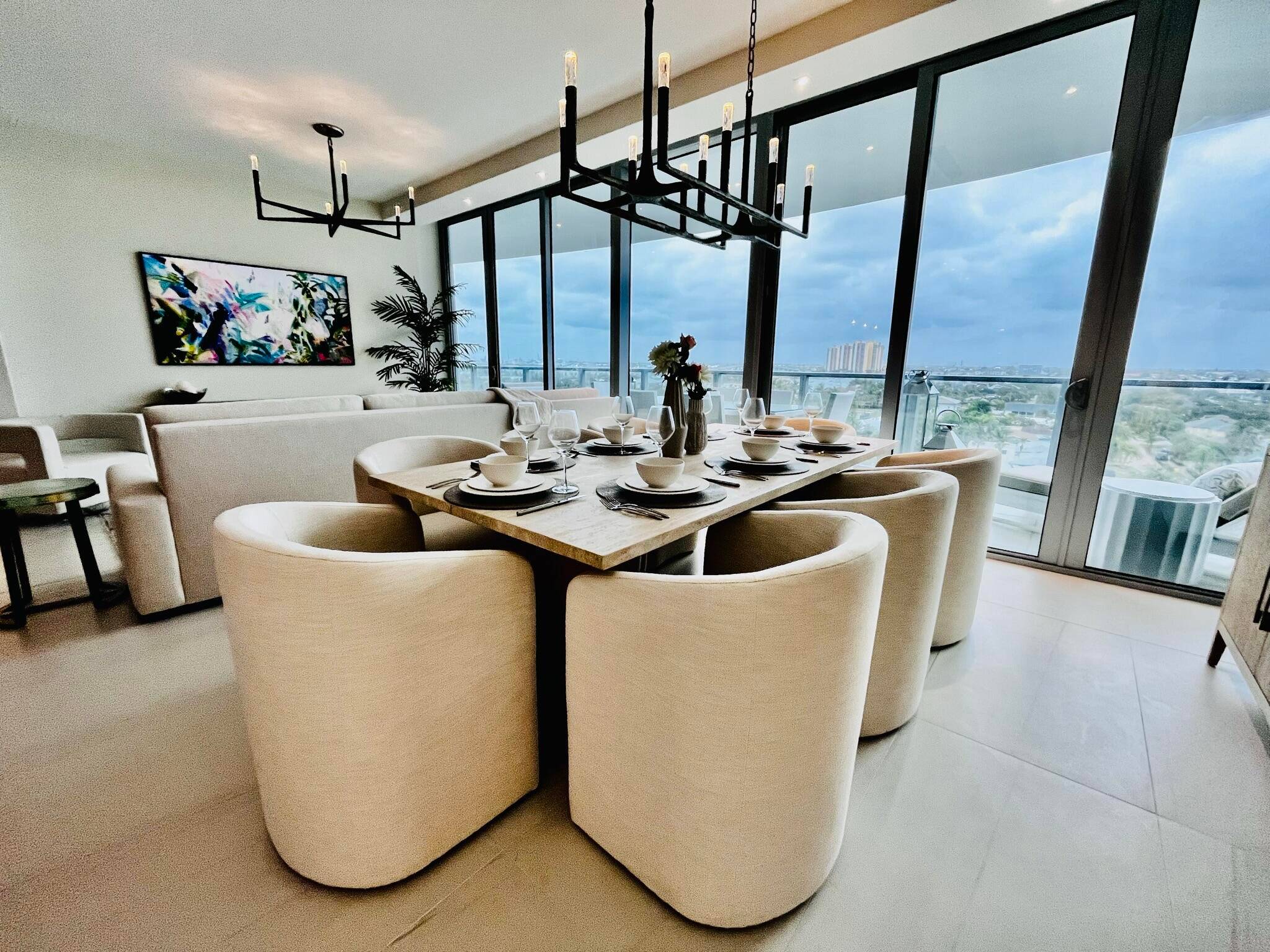Beautiful, wonderfully furnished Restoration Hardware 2 bed 2 bath condo with spectacular intracoastal views from every room at the Amrit Ocean available with flexible lease terms.
