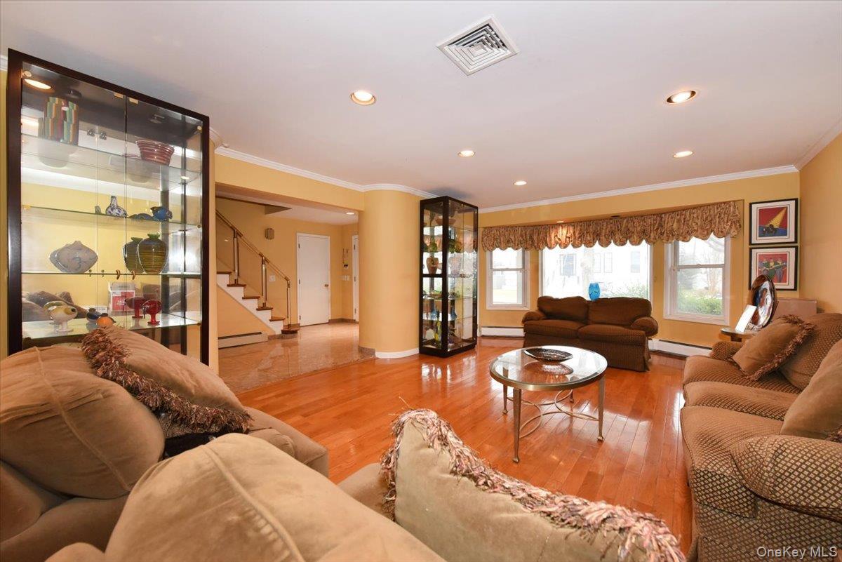 Living room with a baseboard radiator, wood-type flooring, and crown molding