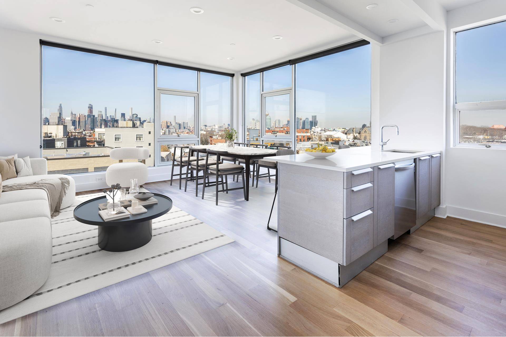 Apartment 7A at 128 Newton Street is a sun blasted top floor, corner 2BR 2Bath unit with 975sf balcony and panoramic views of Williamsburg and the full Manhattan skyline.
