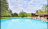 Outdoor pool with a patio and a lawn