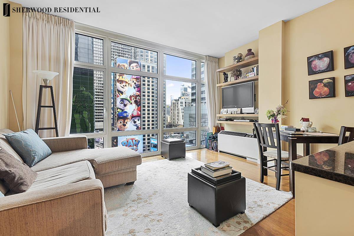 This corner one bedroom with balcony located at 1600 Broadway is truly a one of a kind, the vibrant views of Times Square are unmatched.