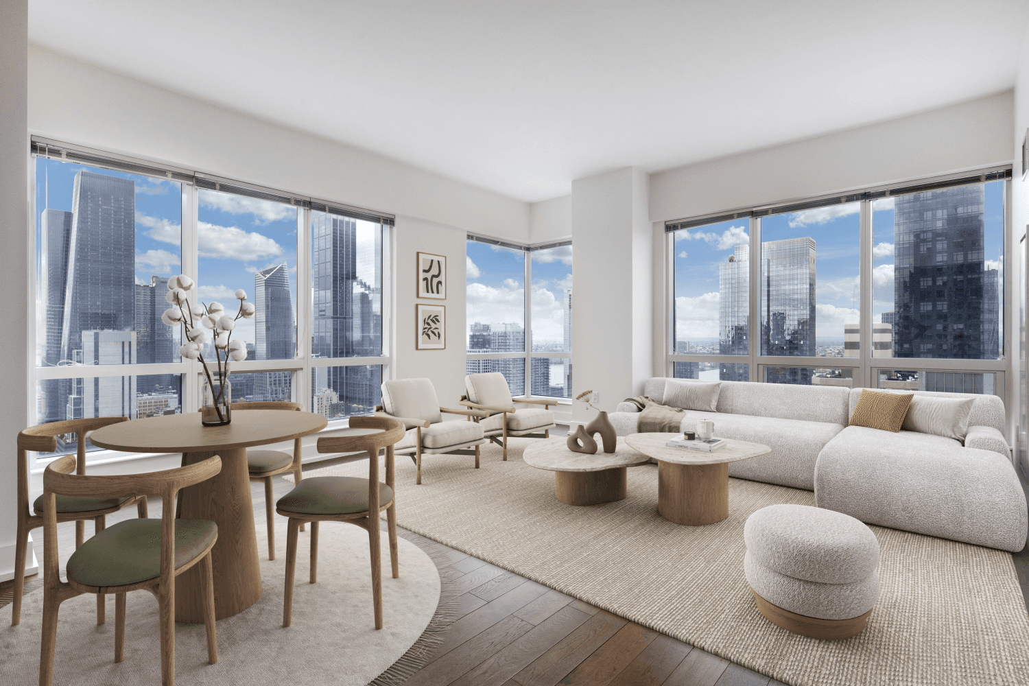 Residence 41A is a spacious 885 sqft 1 bedroom that towers above midtown with spectacular west views to the river and south to the Statue of Liberty.