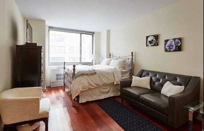 This mint condition studio has light cherry hardwood floors, and a wall of closets for excellent storage.