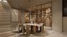 A statement wine room with integrated digital collection management blends architectural warmth with modern precision, creating an intimate setting fo