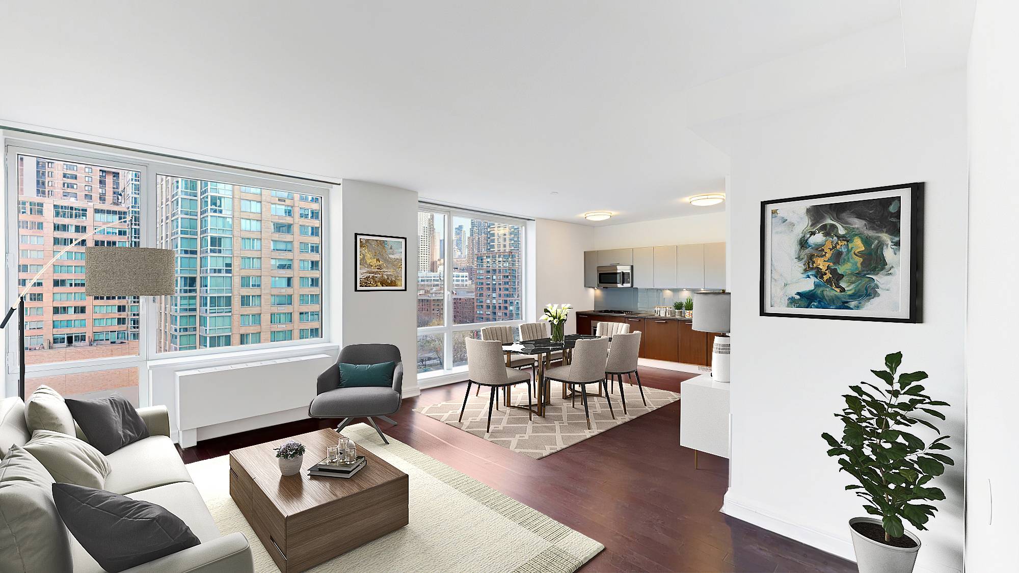 Convertible 2 bedroom. Unit 9A features floor to ceiling windows that provide direct light and open city skyline views across the living and dining areas that are almost 19' wide.