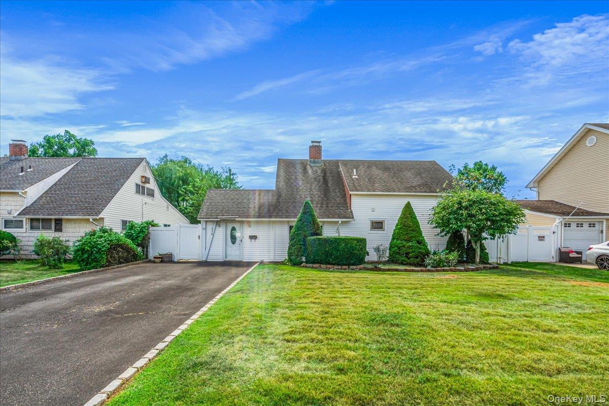 View of front of house with driveway, a gate, and a chimney