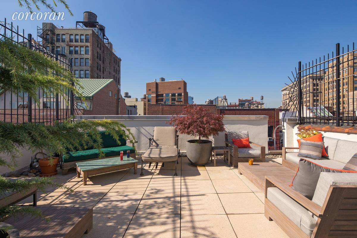 Penthouse Duplex Loft in the heart of Little Italy with private ROOF DECK fully planted with lounge chair seating and large dining table.