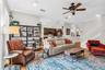 Spacious family room with fireplace and custom built-ins